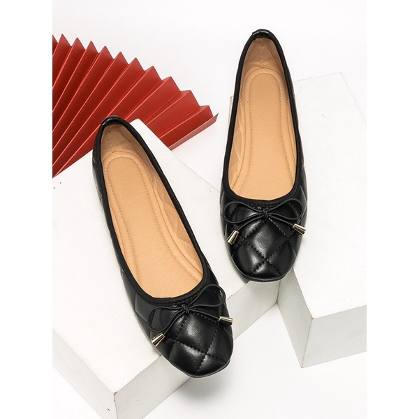 Giày búp bê nữ trám chần đính nơ siêu êm chân