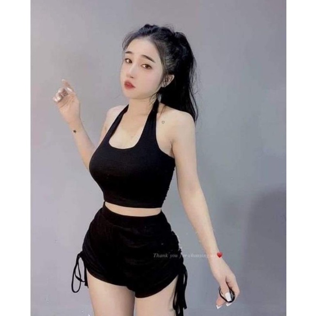 Set bộ áo rút dây 2 bên áo croptop ba lỗ phối quần đùi rút dây