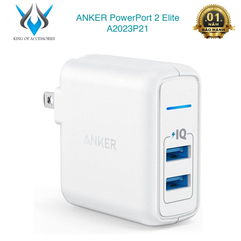 Cốc sạc 2 cổng Anker A2023P21 PowerPort 2 Elite 24W (Trắng) phụ kiện 1986