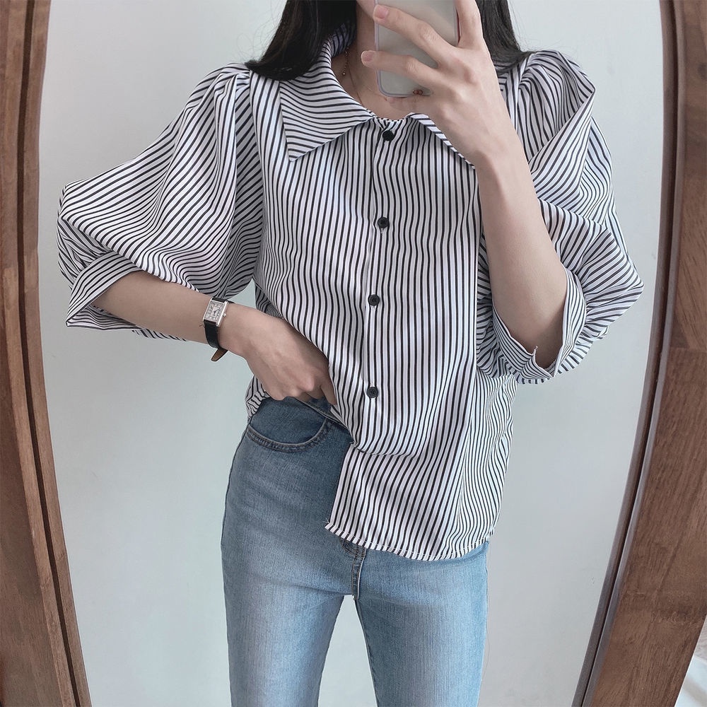 Áo Sơ Mi Ngắn Tay Họa Tiết Kẻ Sọc Xanh Trắng Phong Cách retro Hàn Quốc Thời Trang Mùa Hè Mới Cho Nữ