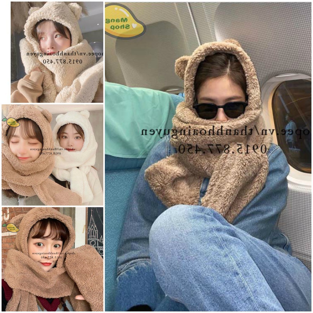 Khăn len mũ trùm tai gấu Jennie Blackpink kèm găng tay siêu xinh