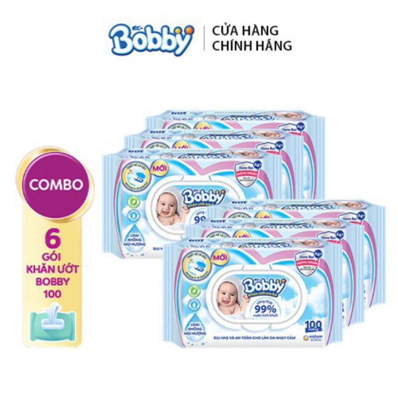 Combo 6 gói khăn ướt Bobby 100 miếng