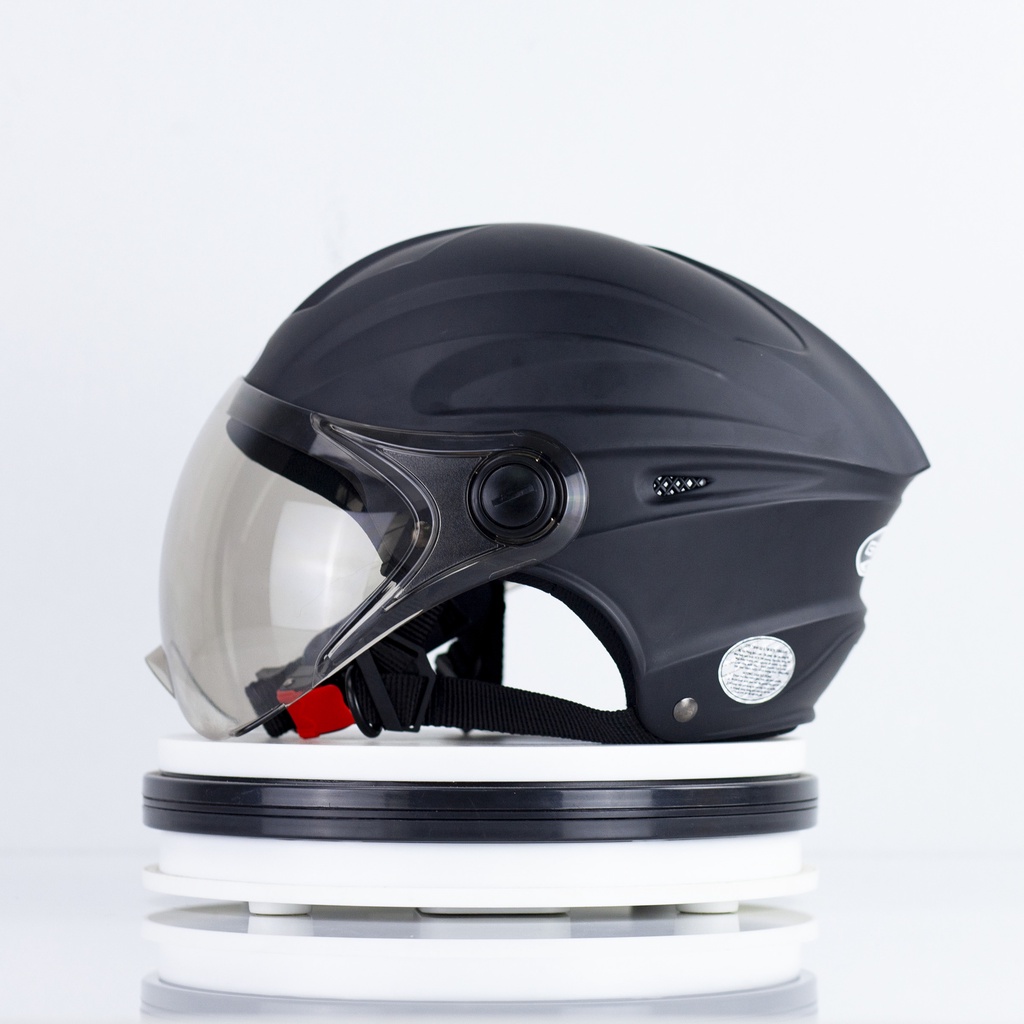 Mũ Bảo Hiểm Nửa Đầu GRO Helmet có kính, kiểu dáng thể thao cho nam và nữ, khóa kim loại chắc chắn - Đen Nhám