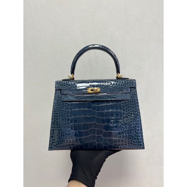 Túi xách nữ thương hiệu Hermes HM Kelly 25 da thật cao cấp bản màu xanh dương bóng khoá bạc và vàng