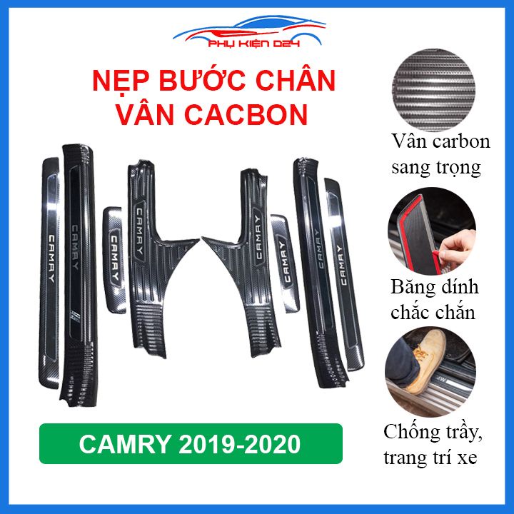 Bộ nẹp bước chân trong ngoài vân Cacbon xe Camry 2019-2020 chống trầy làm đẹp ô tô