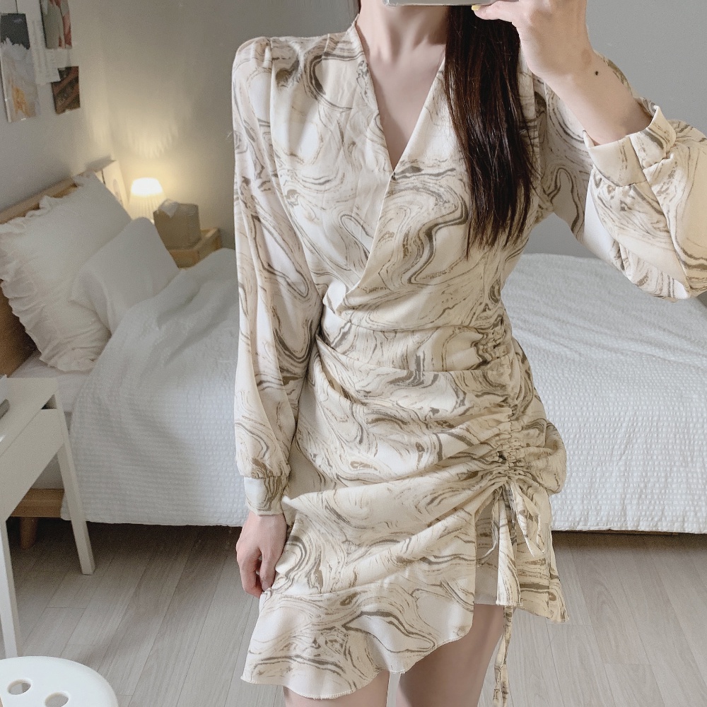 Đầm SUXI tay dài cổ chữ V thời trang Hàn Quốc