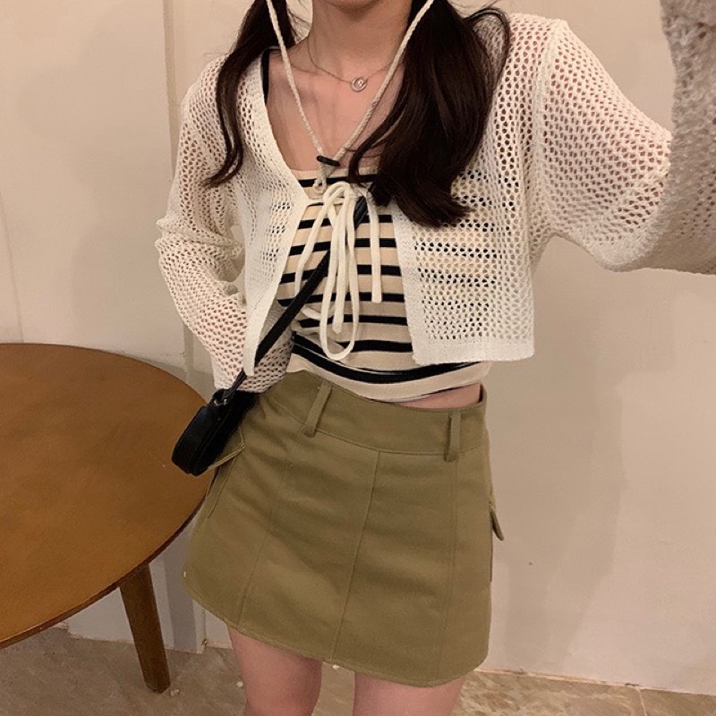 SET 3 MÓN: ÁO CROPTOP SỌC 2 DÂY + KHOÁC LƯỚI NGOÀI + CHÂN VÁY