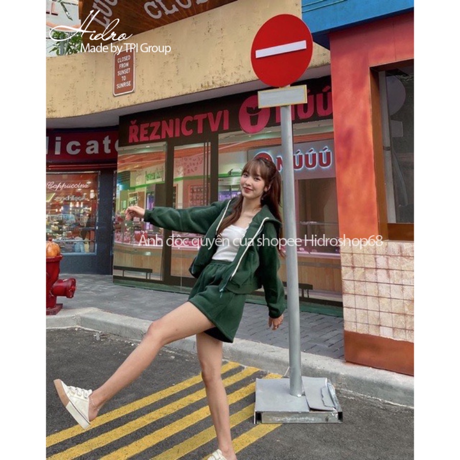 Set hoodie nỉ kéo khóa có mũ mix quần short nữ phong cách thể thao khỏe khoắn