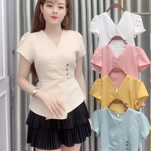 Áo Kiểu Nữ Dáng Công Sở, Ngắn Tay, Chất Đũi Xước Mát Đẹp, Lưng có bo chun  (Ảnh Shop Chụp) #A9