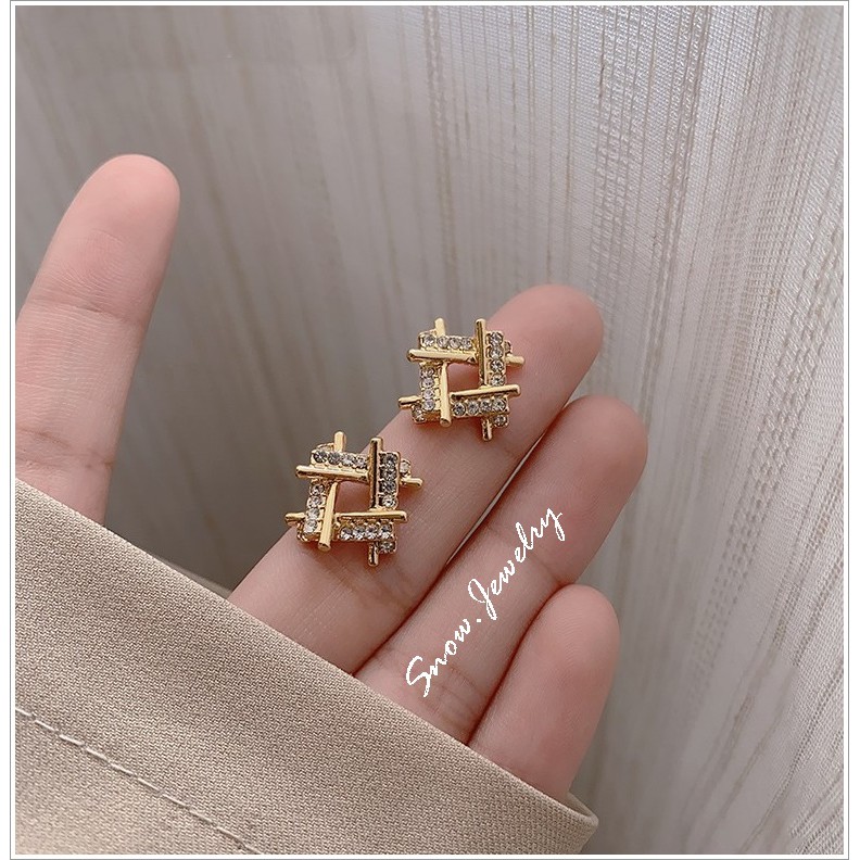 Khuyên tai hoa tai nữ hình vuông đính đá pha lê lấp lánh