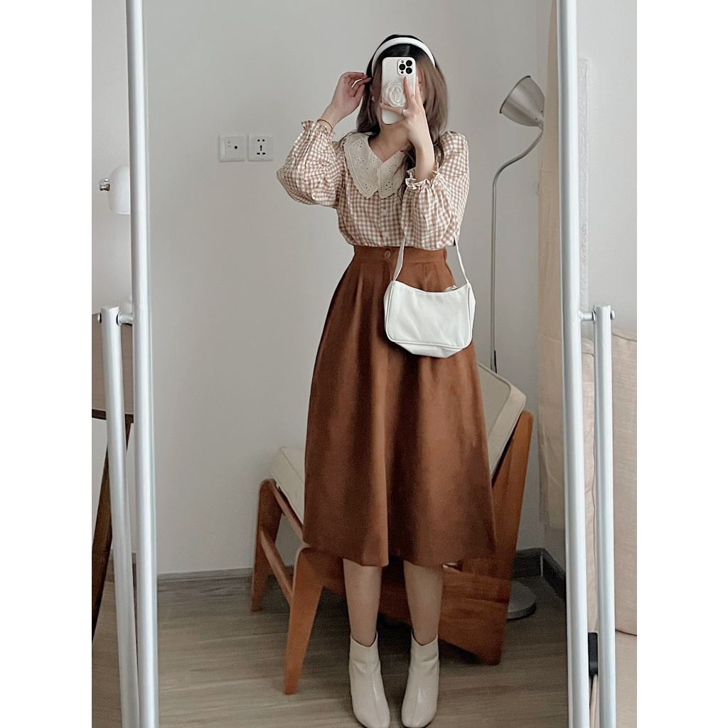 Chân Váy Nhung Dáng Dài Ulzzang Hàn Quốc Có Chun Sau, Chân Váy Dáng Chữ A