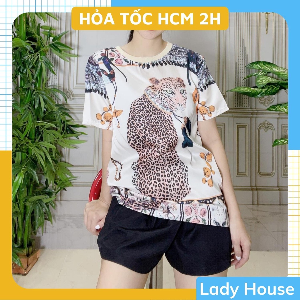 Đồ Bộ Nữ, Đồ Bộ Mặc Nhà, Bộ Áo Nữ Tay Ngắn Cổ Tròn Lụa Mango Họa Tiết Phối Quần Sọc Màu Trơn, Nhiều Màu, Full Size, Thời