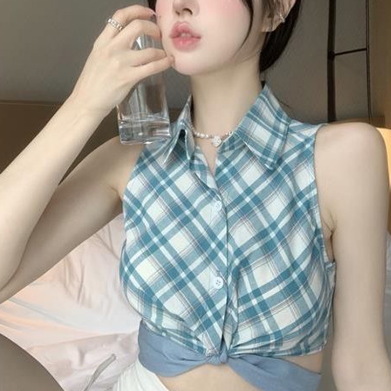 Áo sát nách ngắn IELGY họa tiết sọc caro phong cách retro thời trang cho nữ