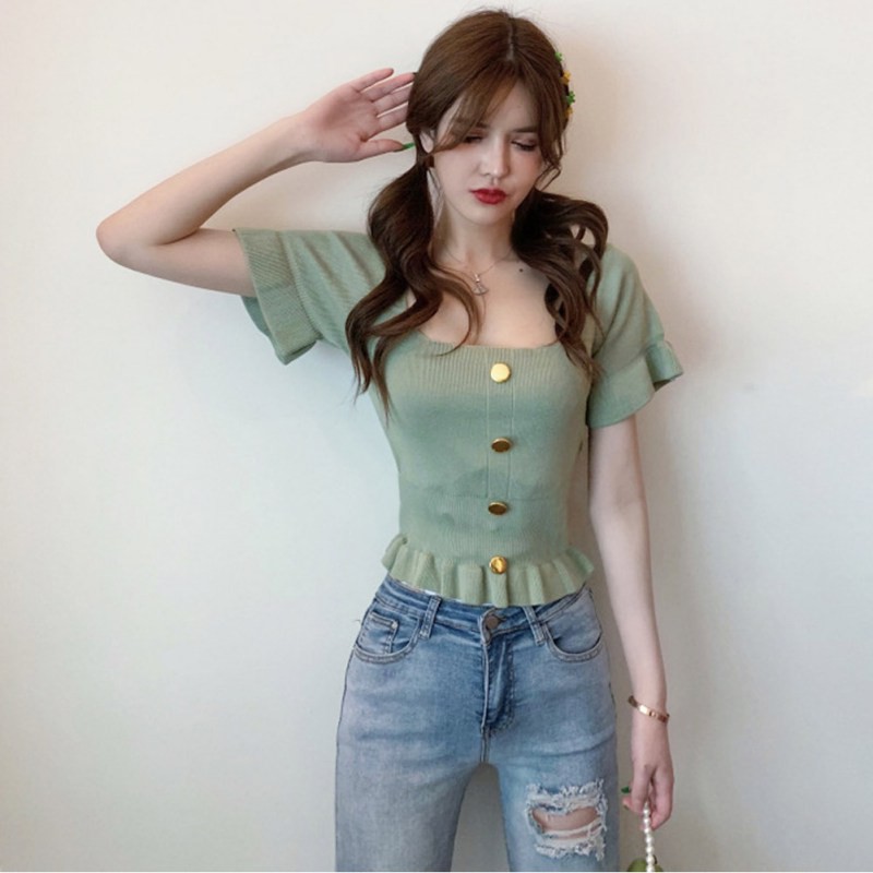 Áo dệt kim cổ vuông phối khuy thiết kế ôm dáng thời trang cho nữ