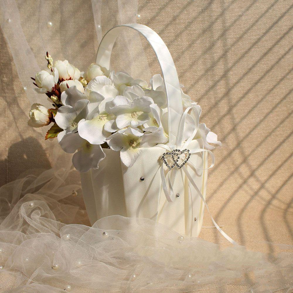 Giỏ Hoa Mini Bằng Vải Satin Màu Trắng Đính Nơ Đôi Trang Trí Tiệc Cưới