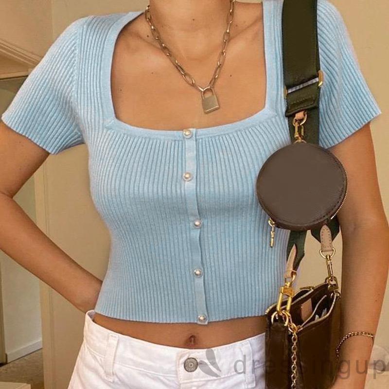 Áo Dệt Kim Nữ Tay Ngắn Cổ Vuông Màu Trơn Gợi Cảm