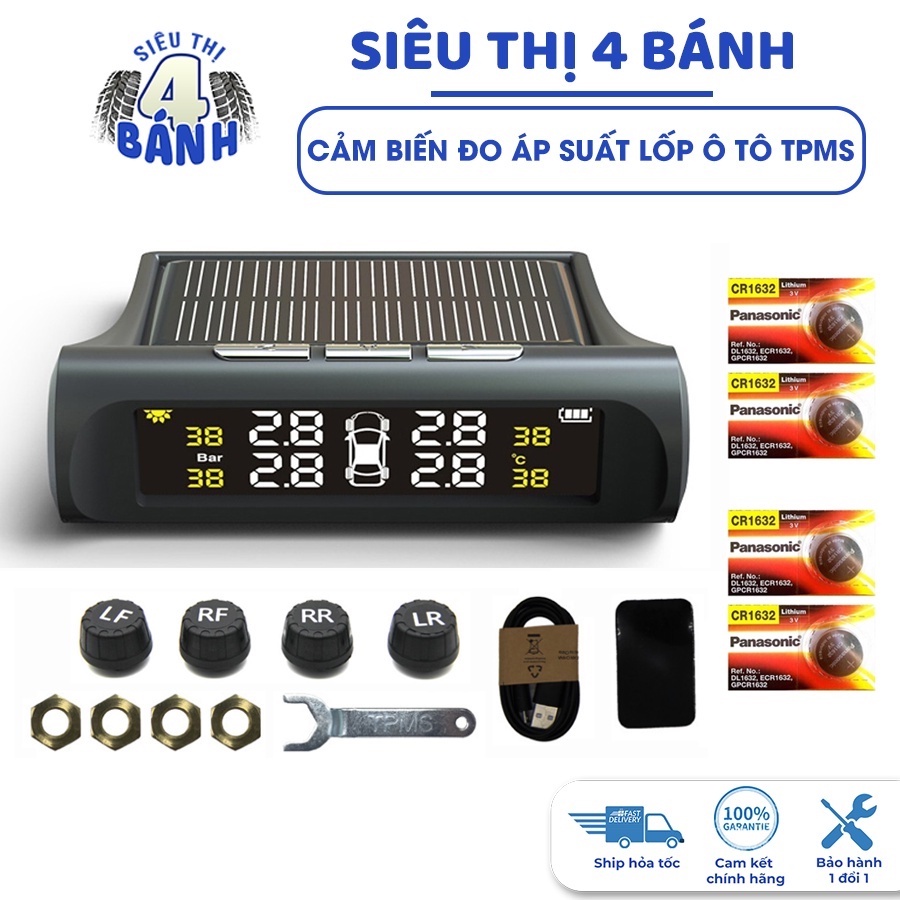 Cảm biến áp suất lốp xe ô tô TPMS , đo áp suất lốp ô tô gắn van ngoài chống nước sạc bằng năng lượng mặt trời