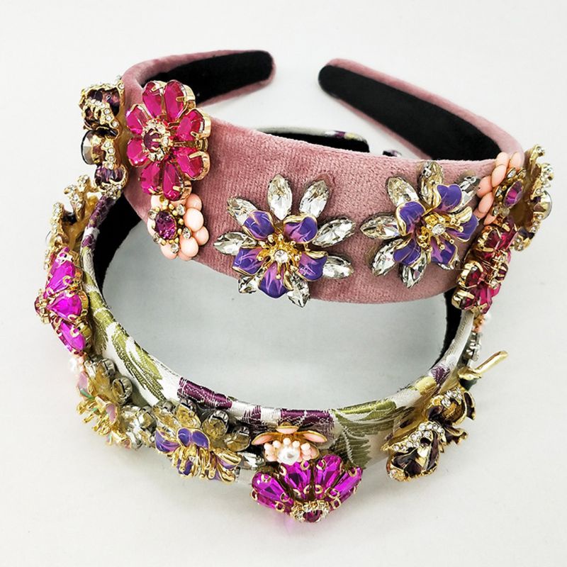 Flgo Băng Đô Cài Tóc Bằng Nhung Đính Hoa Kim Loại Tráng Men Phong Cách Baroque Hàn Quốc Cho Cô Dâu