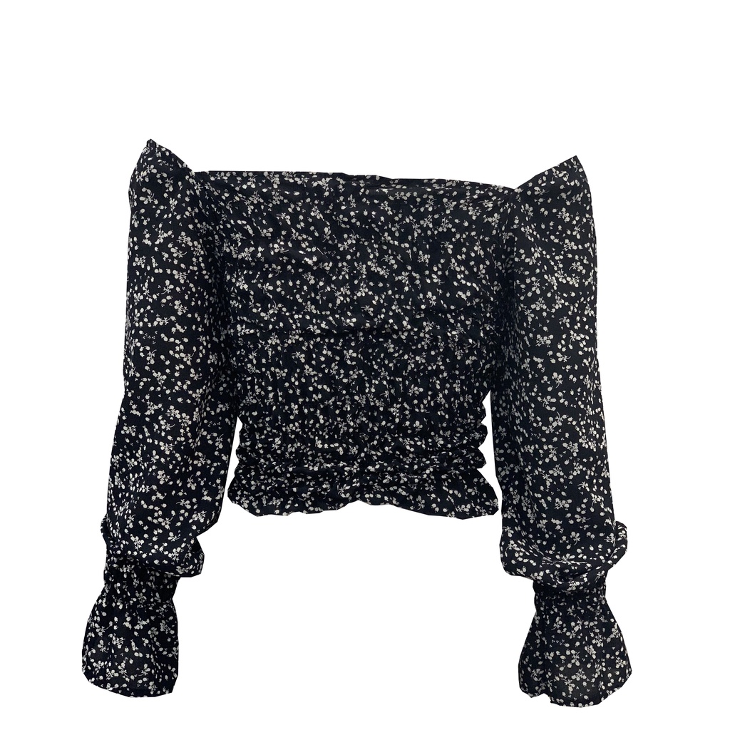 Áo Nữ Cao Cấp Cổ Vuông Dáng Croptop Họa Tiết Hoa Nhí May Nhún Phối Tay Bồng