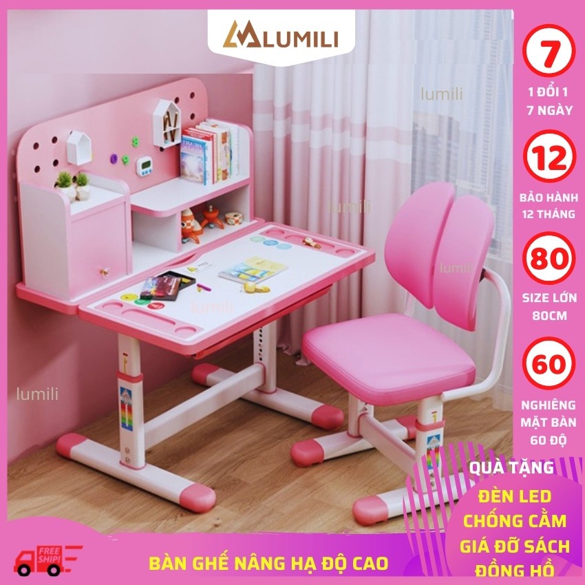 ☈❀▪bàn ghế học sinh Lumili R16 có giá sách, bộ chống gù thông minh kèm kệ sách cho trẻ em điều chỉnh nâng hạ độ cao