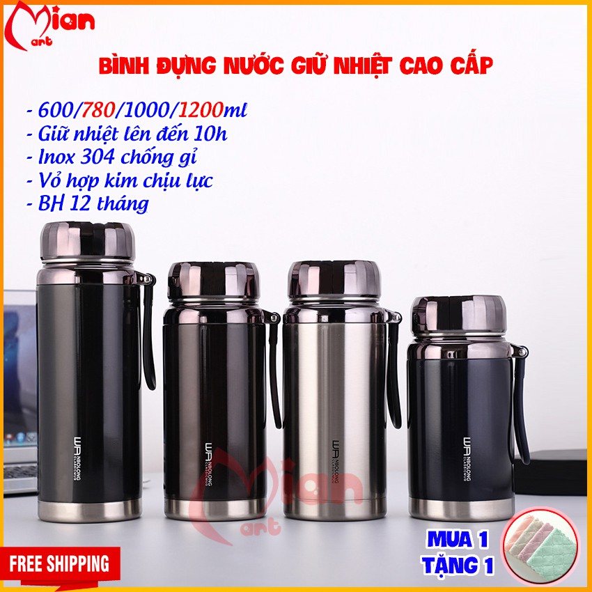 Bình nước giữ nhiệt inox MIAN MART - Dung tích 600/780/1000/1200ML INOX cao cấp - BH 3 tháng tặng kèm khăn lau siêu thấm