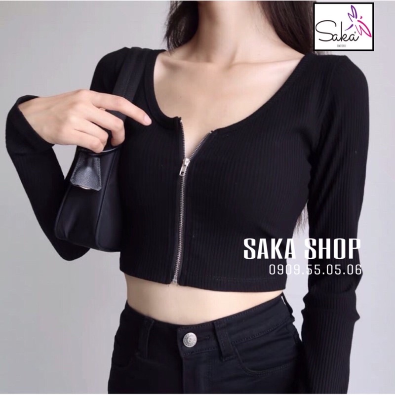 Áo croptop nữ tay dài khoá kéo đen trắng