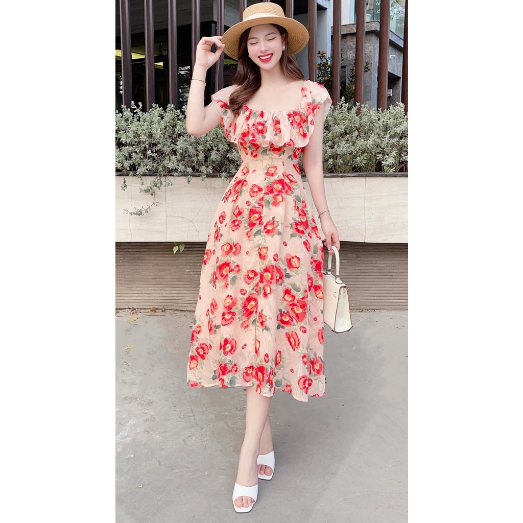 Váy Hoa Nhí Trễ Vai Dáng  Dài Thiết Kế Phối Nhún Ngực Sang Chảnh, -V74