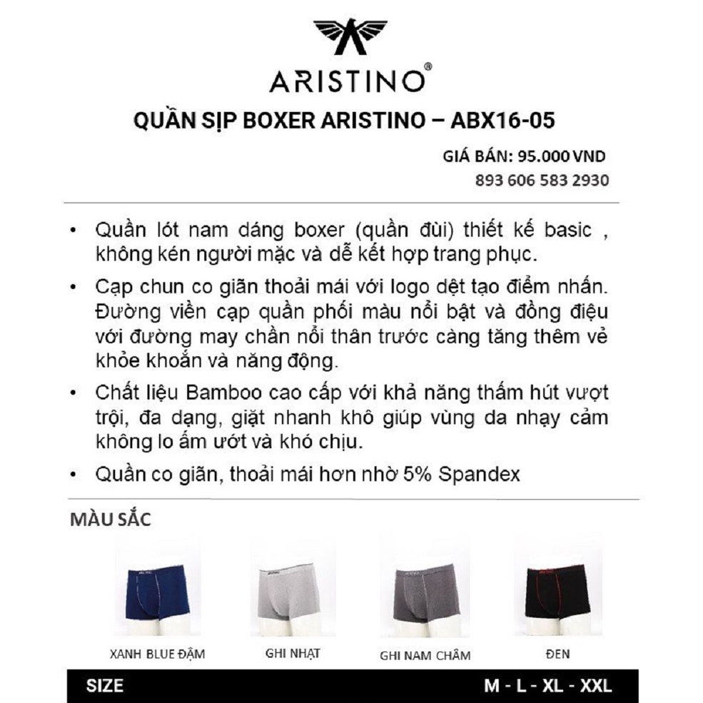 Quần lót nam boxer cao cấp Aristino ABX1605 sịp đùi nhiều màu chất liệu sợi tre co giãn mềm mịn thấm hút chính hãng