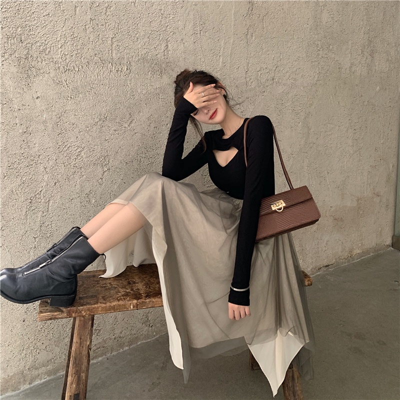 [GIÁ SỐC] 💜 Váy nữ đen dài tay thu đông kết hợp chân váy tutu siêu siêu yêu 🎀 | BigBuy360 - bigbuy360.vn