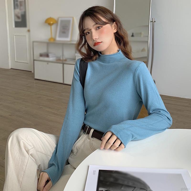 Áo thun tay dài cổ lọ màu trơn đơn giản thời trang hàn quốc cho nữ