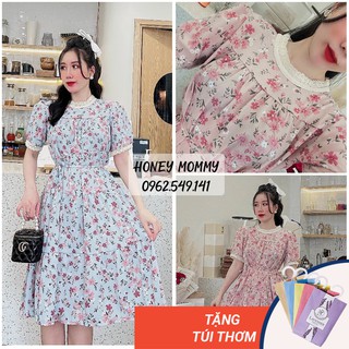 Váy Bầu Voan Hoa Nhí Cổ Ren Kèm Dây Buộc Đầm Bầu Mùa Hè Công Sở Đi Chơi HD2835 Honey Mommy