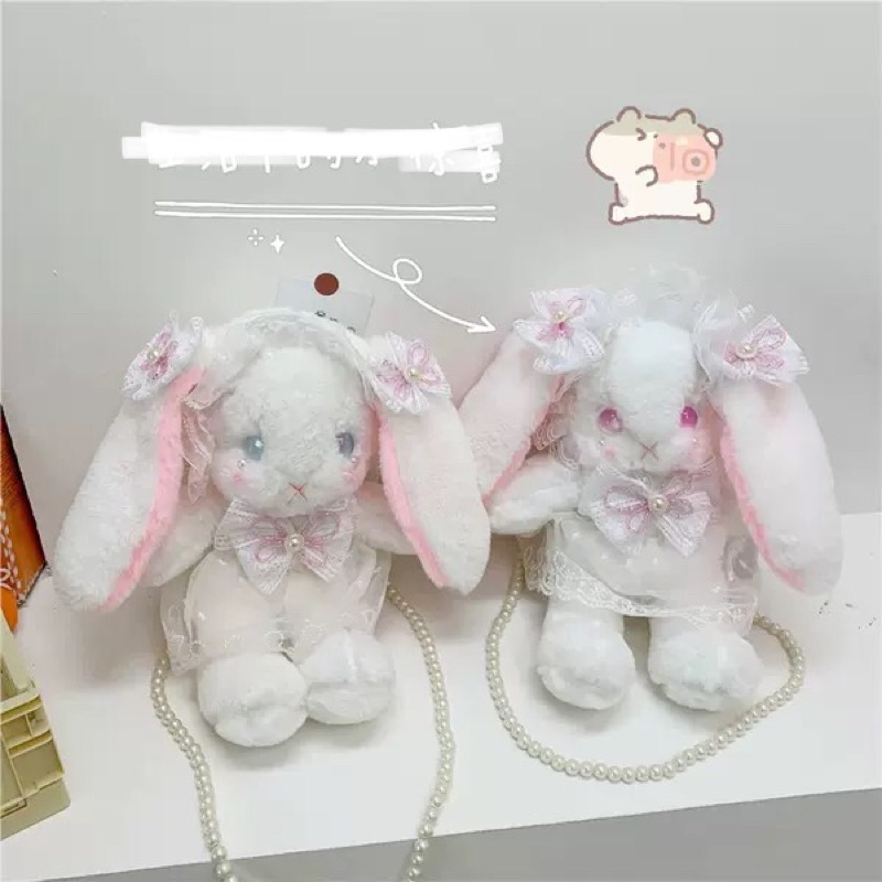 YASAS0107-Túi xách lolita thỏ bông gắn nơ dây hạt