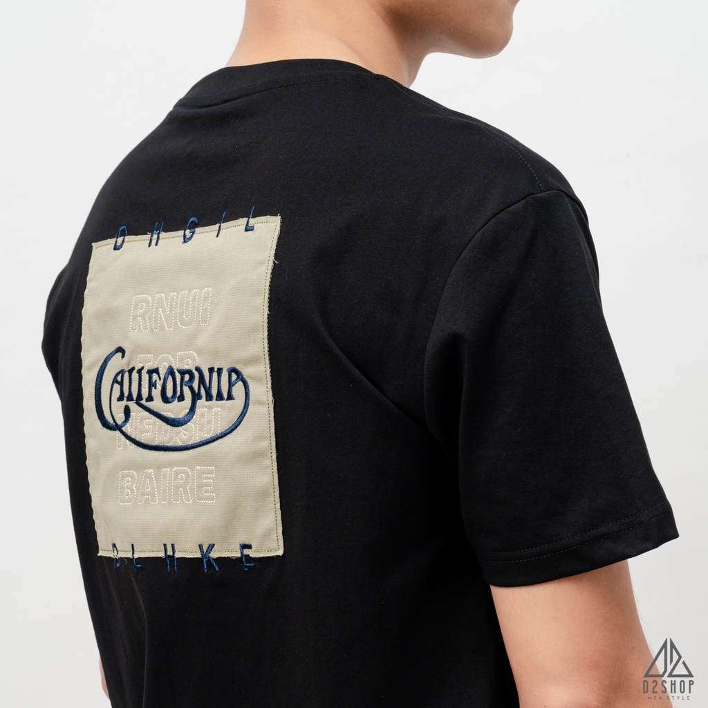 Áo thun D2shop, áo thun cổ tròn đắp vải lưng CALIFORNIA, đắp vải , màu đen