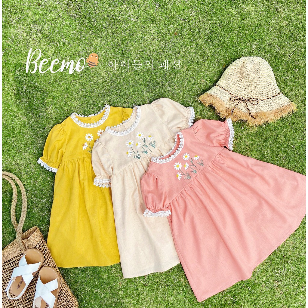 Váy/đầm cho bé gái hàng Việt Nam viền ren điệu đà phong cách đẹp chất Linen thoáng mát VBD1