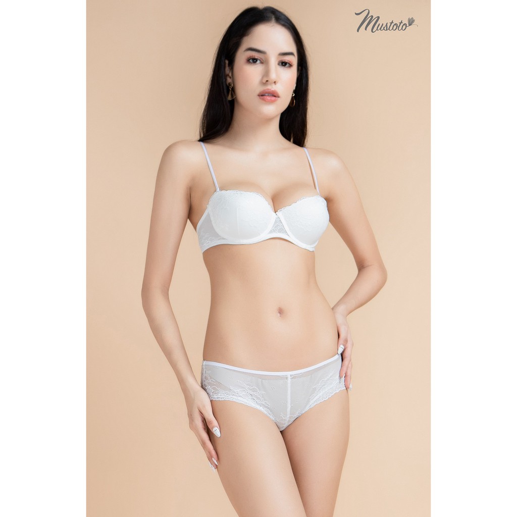 Áo Lót Ren Mút Mỏng 1cm Cúp Ngang Không Dây Chống Tụt Bra Confetti Trắng (Mustoto MA25)