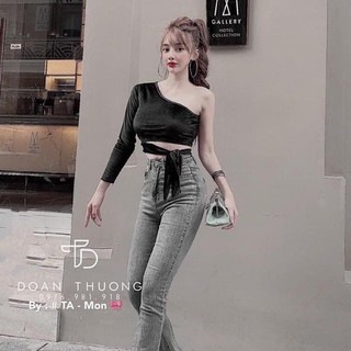 Áo croptop tay dài phối da beo