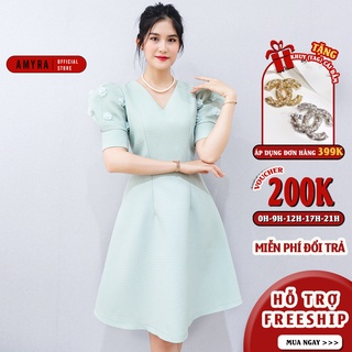 Đầm dự tiệc sang trọng đính hoa AMYRA dáng chữ A tay phồng che khuyết điểm cho mẹ DA168