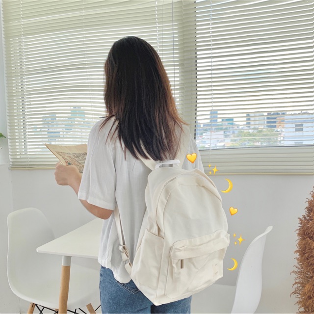 Balo vải bố canvas có lót trong, khoá kéo mượt - BOO màu trắng kem