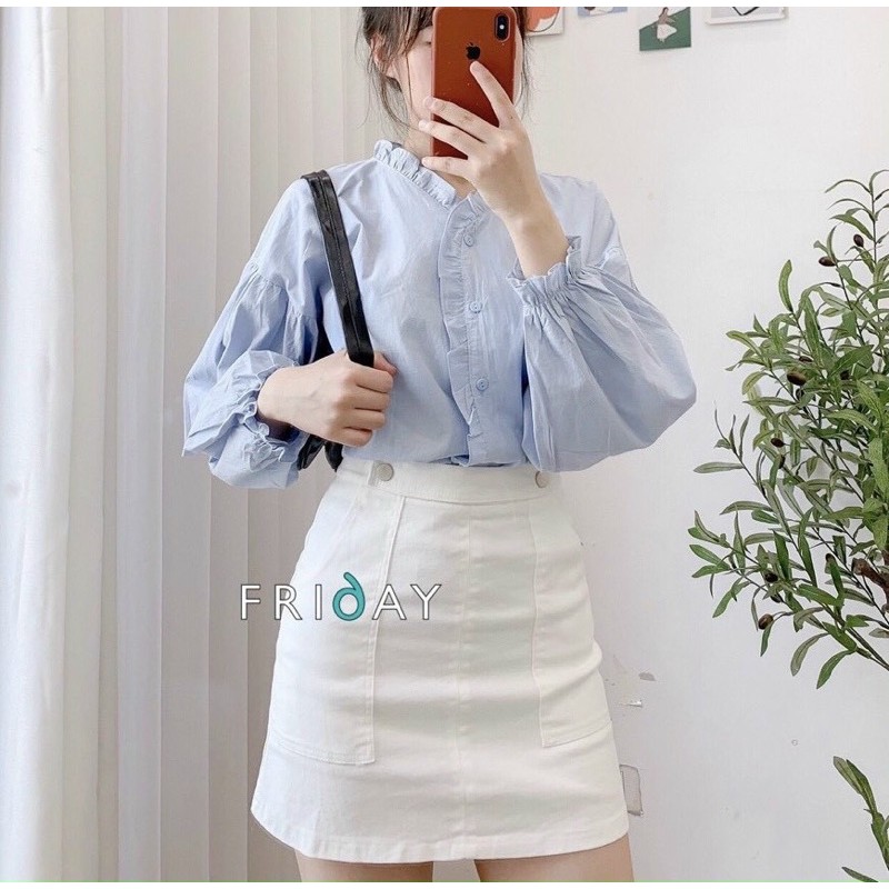 Set bộ áo sơ mi và chân váy chữ A trắng ulzzang