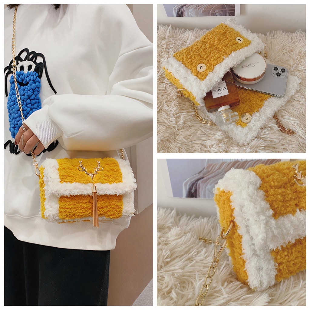 Túi tự đan handmade, túi đeo chéo len xù phối màu thời trang Hàn Quốc - Bộ phụ kiện đầy đủ LX203