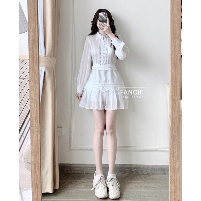 Váy trắng midi ren phối nút bọc dáng xòe phong cách vintage váy trắng hở lưng - lien