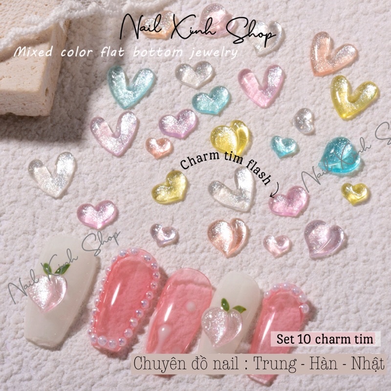 Set 10 charm tim flash mắt mèo - phụ kiện nail hot