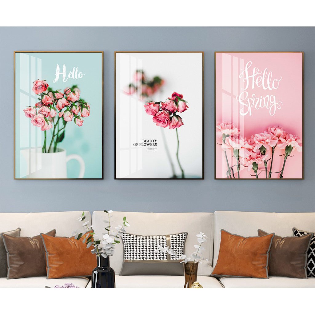 Bộ 3 Bức Tranh Hoa Hồng Tone Hồng Xanh Dễ Thương Thư Giãn Trang Trí Quán Cafe Trà Sữa Spa Vải Canvas _ MELYHOME DECOR