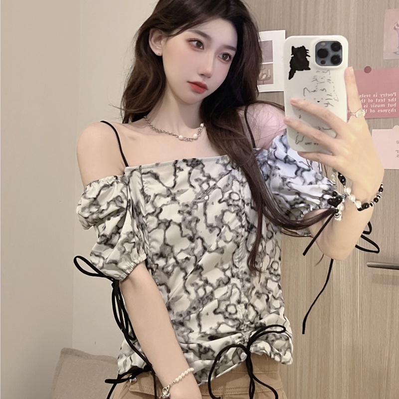 SUXI Áo Sơ Mi Tay Ngắn Trễ Vai Hoạ Tiết In Thời Trang Mùa Hè Cho Phái Nữ