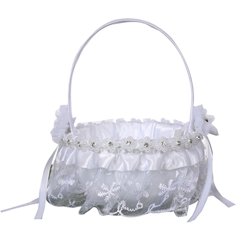 Giỏ Hoa Bằng Vải Satin Phối Ren Và Ngọc Trai Giả Dùng Trang Trí Đám Cưới