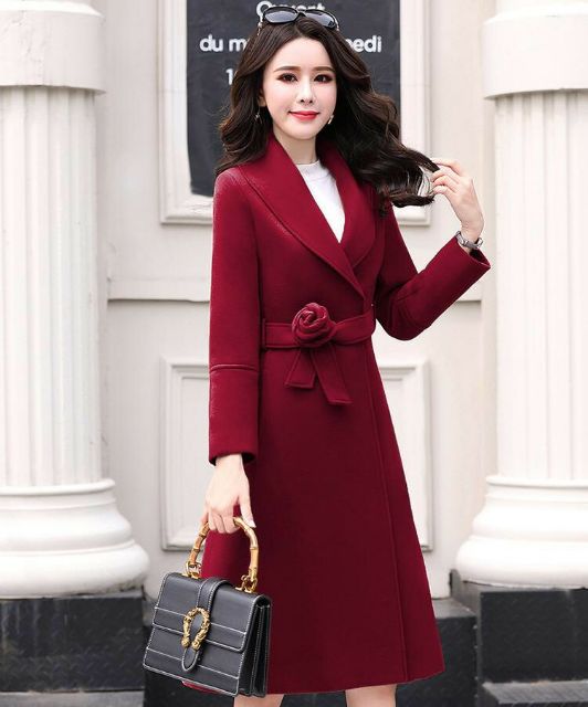 Hàng nhập - Áo khoác dạ nữ đai kết hoa hồng, áo ấm mùa đông form dài