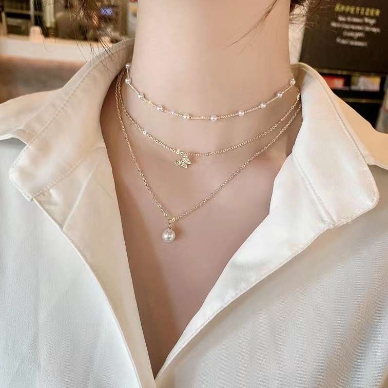 Dây Chuyền Nhiều Lớp Mặt Hình Bướm Đính Ngọc Trai Thời Trang