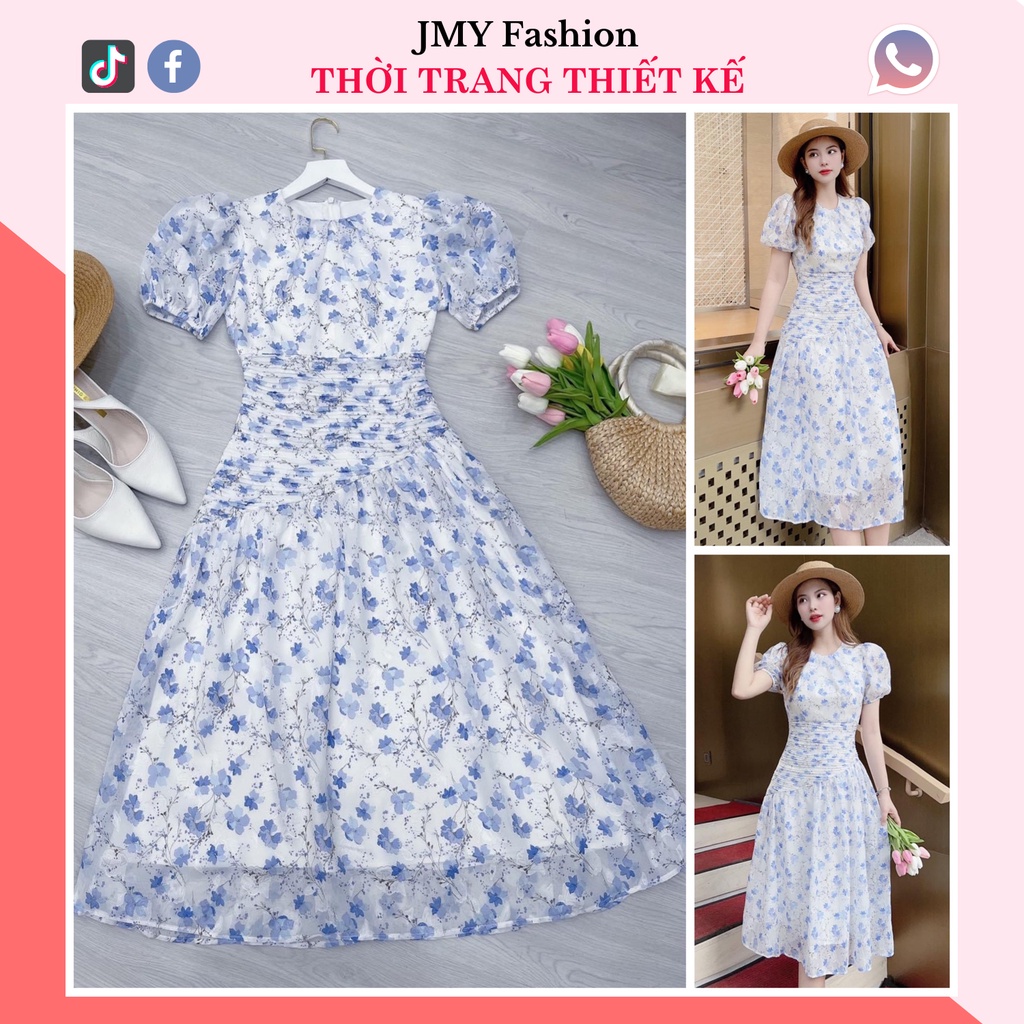 Nhún Eo Tay Phồng Váy Hai Lớp Mềm Mịn Siêu Đẹp Dáng Dài - TH Hà Thanh