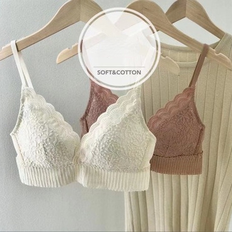 Áo Ngực cotton Siêu Mỏng Không Gọng Thép Phối Ren Thêu Họa Tiết Phong Cách Retro