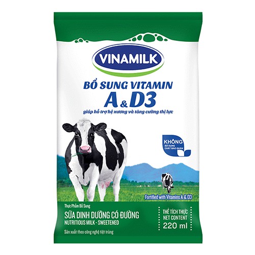 (Túi 220ml) Sữa tươi Vinamilk A&amp;D3  (đủ 5 loại best seller - dâu, socola, có đường, ít đường, không đường)